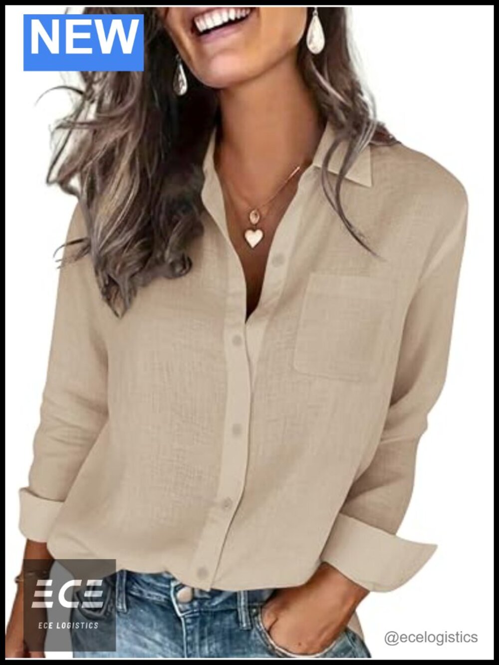 Cotton Linen Textured Button Down Shirt Long Sleeve V-Neck Blouse with Pocket
